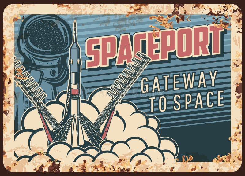 Spaceport vector rusty metal plate rocket take off royalty free illustration