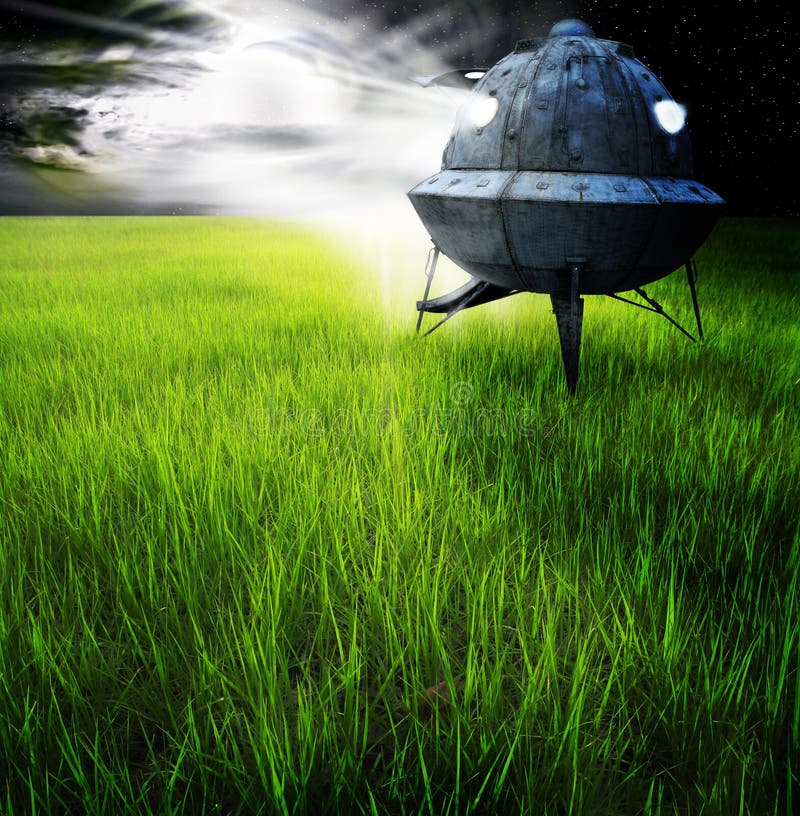 A retro designed space ship in a grassy field with its door opened and facing the horizon. Concept for alien abduction or landing. A retro designed space ship in a grassy field with its door opened and facing the horizon. Concept for alien abduction or landing.