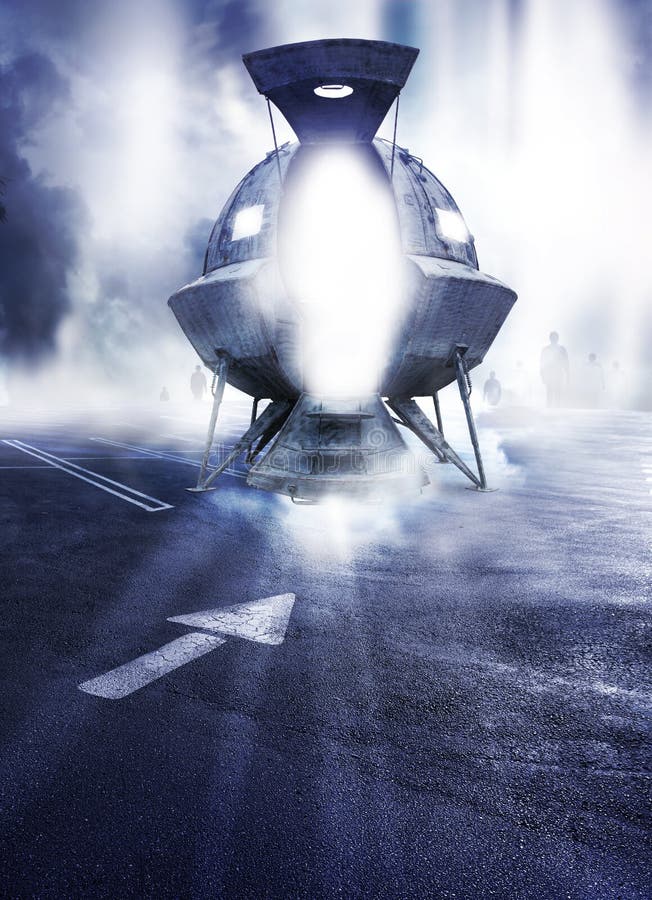 A retro pod shapped space ship on an asphalt parking lot with silhouettes of people emerging from a misty background. Concept for a book cover on alien contact or abduction. A retro pod shapped space ship on an asphalt parking lot with silhouettes of people emerging from a misty background. Concept for a book cover on alien contact or abduction
