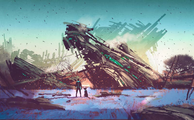 Spaceship crashed on blue field stock illustration Spaceship crashed on blue field stock illustration
