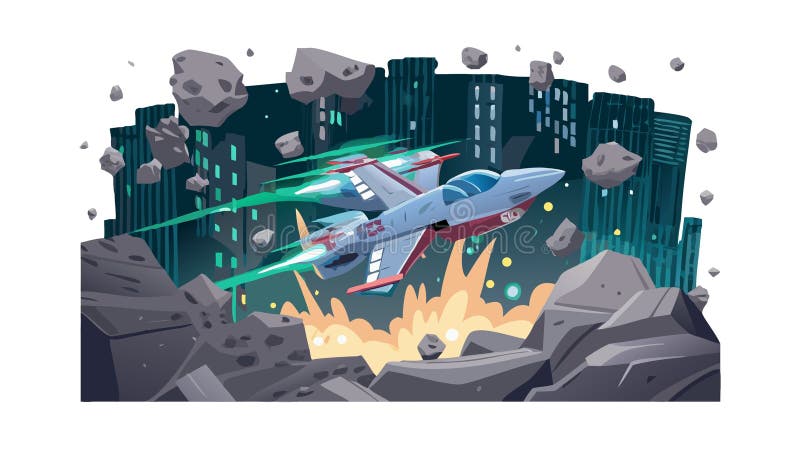 Spaceship in Dynamic Monochromatic Asteroid Field, vector design Generative AI stock illustration