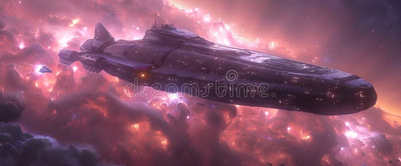 Spaceship explores a wide bicycle. Beautiful scenery, background, purple tones, future, exploration, future technology. Generative vector illustration