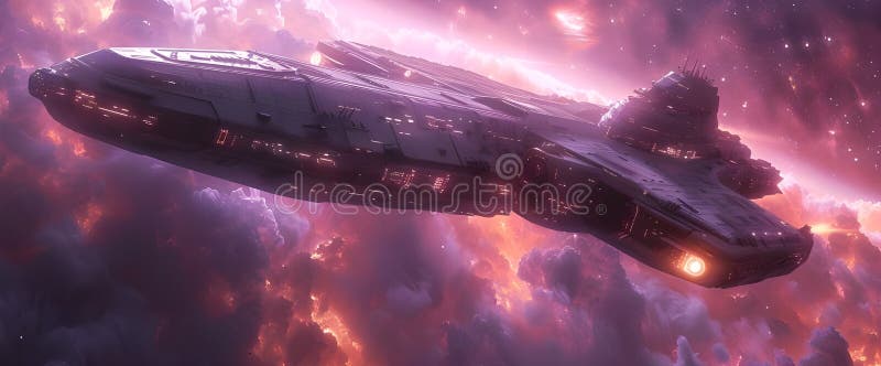 Spaceship explores a wide bicycle. Beautiful scenery, background, purple tones, future, exploration, future technology. Generative vector illustration