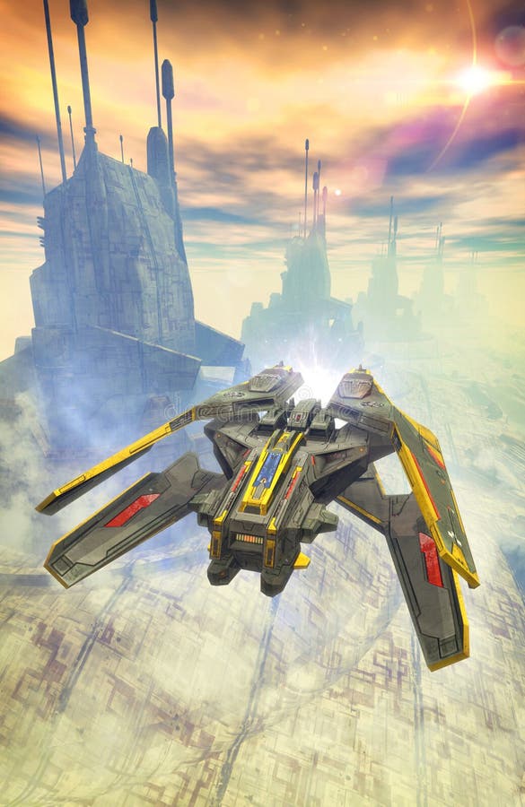 Spaceship fighter and city towers stock illustration Spaceship fighter and city towers stock illustration