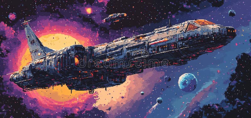 A spaceship flies through space with a big sun and planets in the background in digital pixel art style stock illustration