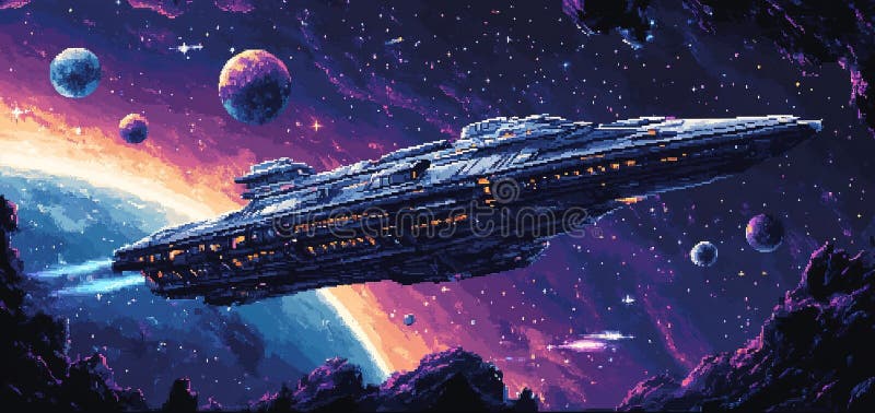 A spaceship flies through space with a large planet and satellites in the background in digital pixel art style royalty free illustration