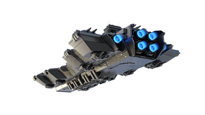 Spaceship flying, alien UFO spacecraft in flight isolated on white background, rear bottom view, 3D render royalty free illustration