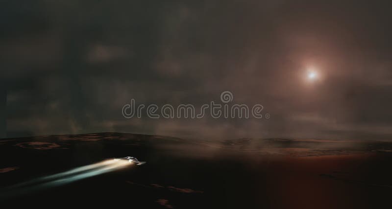 Spaceship flying in dark foggy landscape with mountain. Cinematic look background, 3D illustration