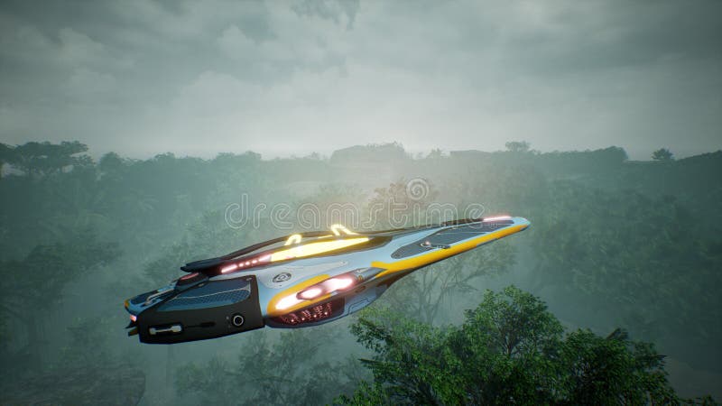 A spaceship flying over an unknown green planet. A futuristic concept of a UFO. 3D rendering.