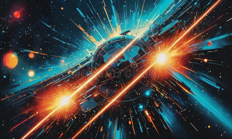 Spaceship flying through space with bright lights royalty free illustration