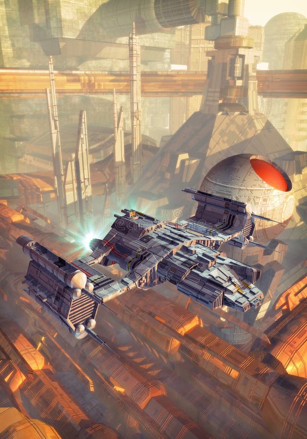 Spaceship and futuristic city royalty free illustration