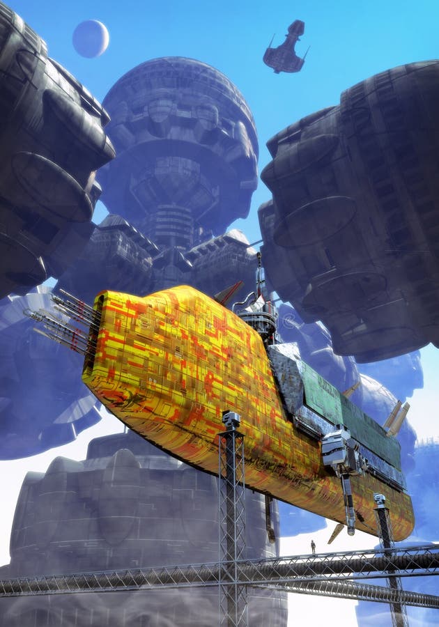 Spaceship and futuristic city stock illustration