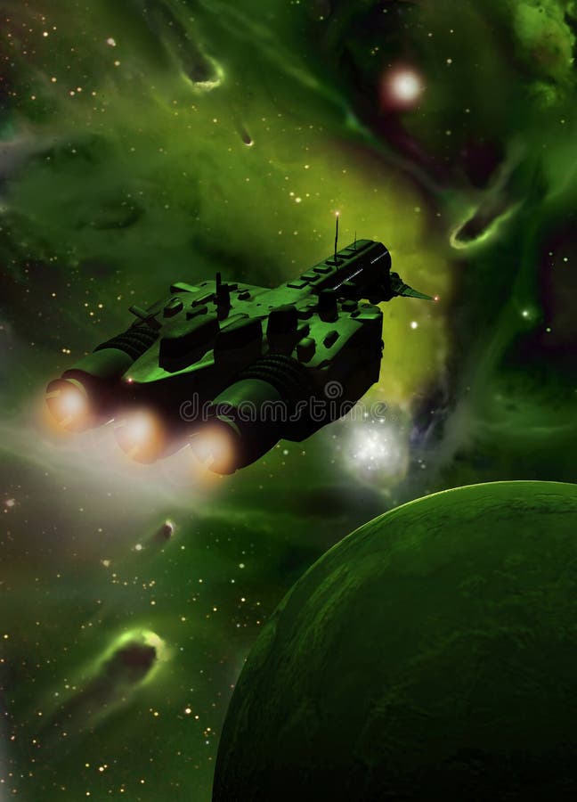 Un futurista astronave si avvicina a un verde scuro nebulosa di spazio esterno.