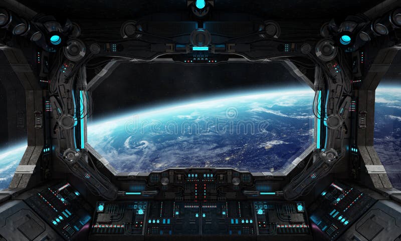 Loď grunge interiéru s výhľadom na planéte Zem 3D rendering prvky tohto obrazu zariadené v NASA.