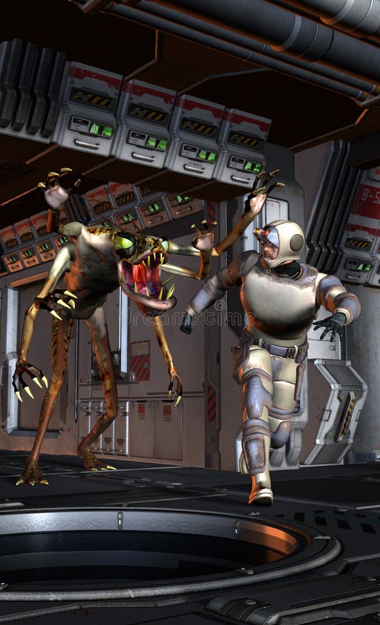 Spaceship monster and astronaut royalty free illustration