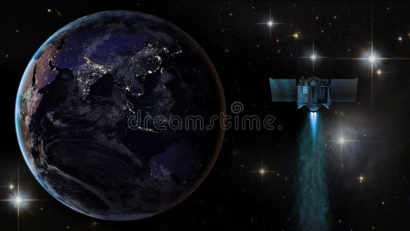 Spaceship next the planet Earth in the starry sky. Elements of this image furnished by NASA