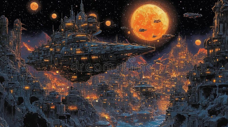 A spaceship over a futuristic cityscape with a big red sun in the background in digital pixel art style vector illustration