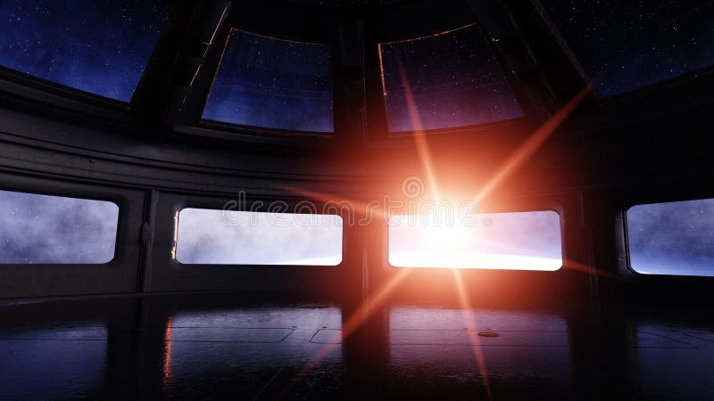 Spaceship room, corridor. Futuristic view of the earth. 3d rendering. vector illustration