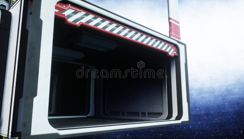 Spaceship room, corridor. Futuristic view of the earth. 3d rendering. stock illustration