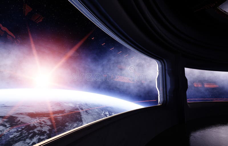 Spaceship room, corridor. Futuristic view of the earth. 3d rendering. vector illustration