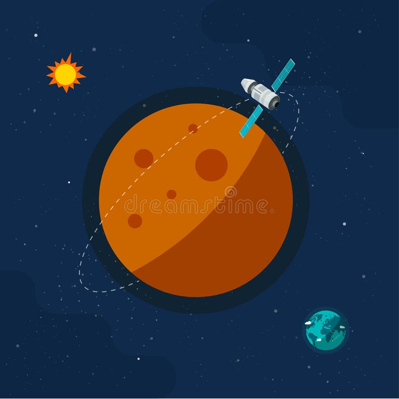 Spaceship satellite flying around another planet orbit in space universe vector flat cartoon illustration