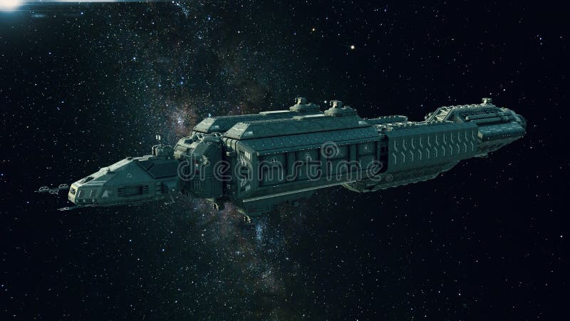 Spaceship in space, spacecraft flying through the universe stock illustration