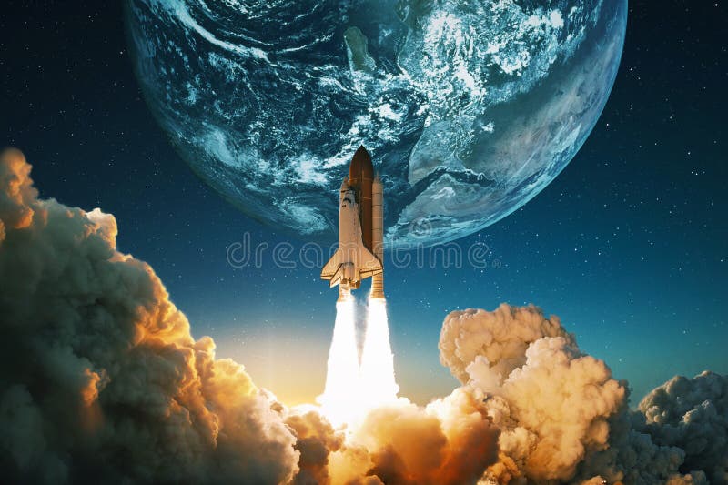 Spaceship takes off into the sky with planet Earth. Rocket flies into space. Success concept