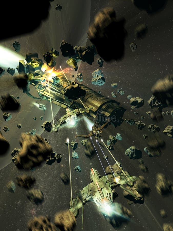 Spaceships battle into asteroids belt