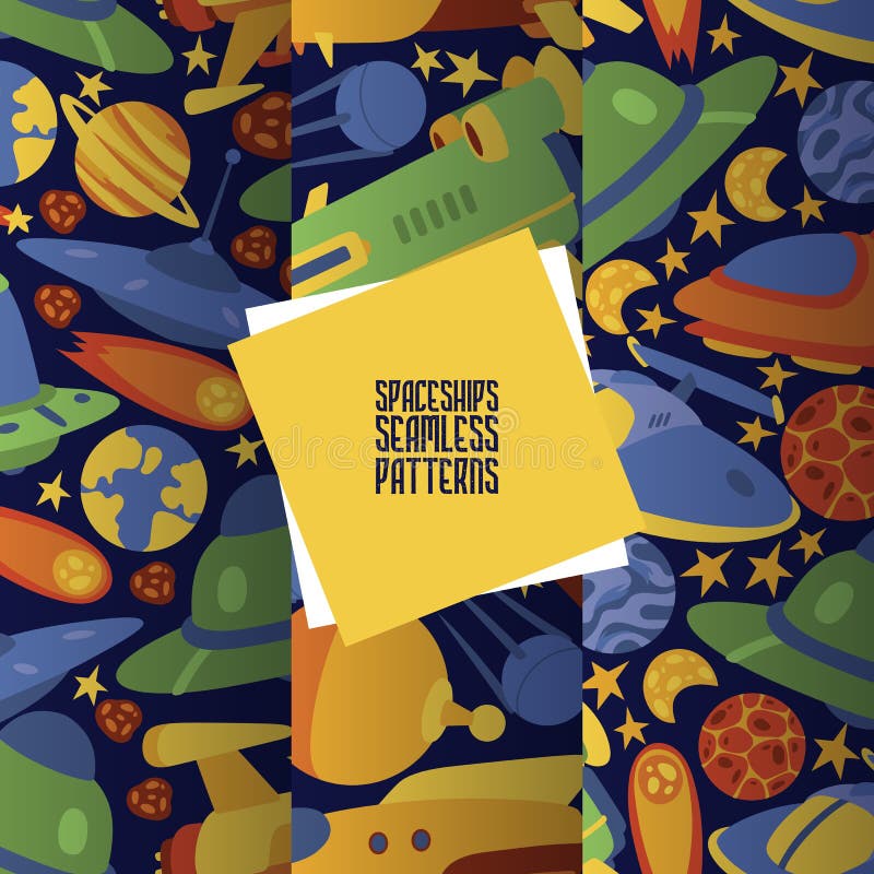 Spaceships in cosmos with planets set of seamless patterns vector illustration. Travel to new planets and galaxies royalty free illustration Spaceships in cosmos with planets set of seamless patterns vector illustration. Travel to new planets and galaxies royalty free illustration