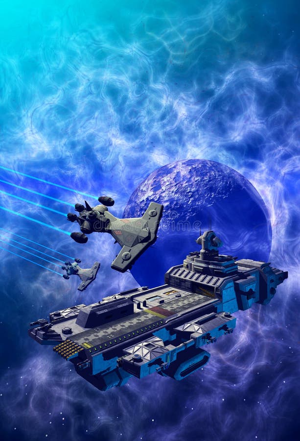Spaceships near a Blue Planet, inside a nebula, 3d illustration vector illustration Spaceships near a Blue Planet, inside a nebula, 3d illustration vector illustration