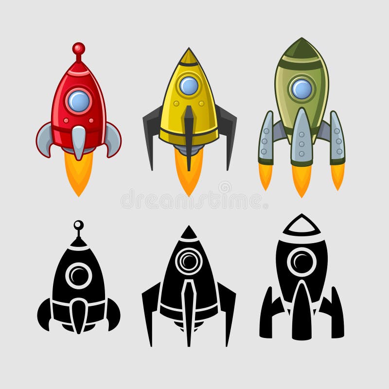 Spaceships set color and black vector illustration
