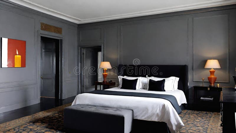 Spacious bedroom with gray walls and classic molding vector illustration