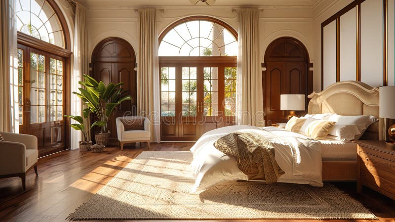 A spacious bedroom with large arched windows, a king-size bed with white linens, a plush rug and wooden floors. Sunlight streams vector illustration