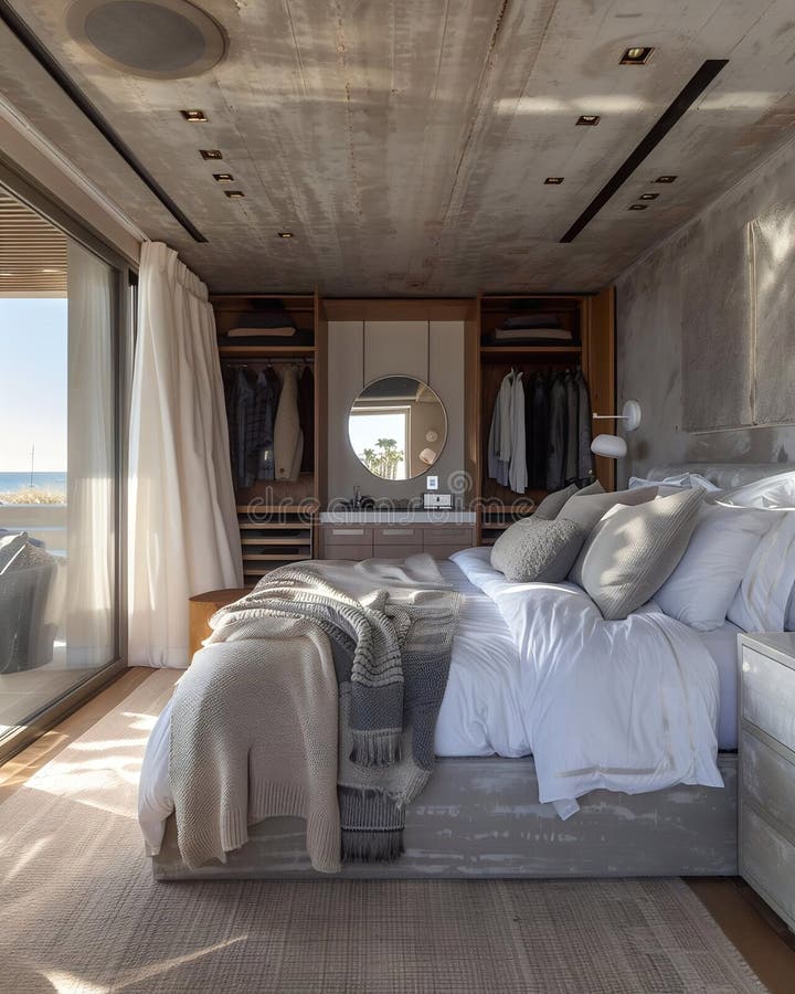 A spacious bedroom with a large bed, wooden floor, and large window, featuring a minimalist aesthetic with neutral vector illustration