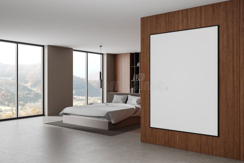 Spacious bedroom with a large blank poster on a wooden wall, overlooking a scenic view through floor-to-ceiling windows. 3D Rendering