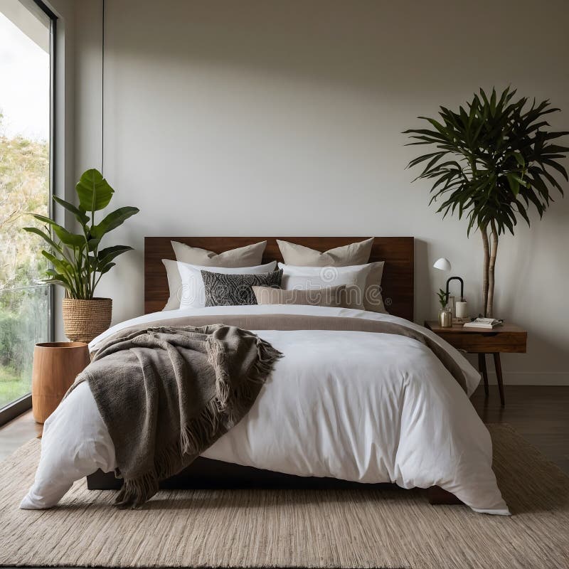 Spacious Bedroom with a Luxurious King-Sized Bed and Abundant Natural Light stock illustration