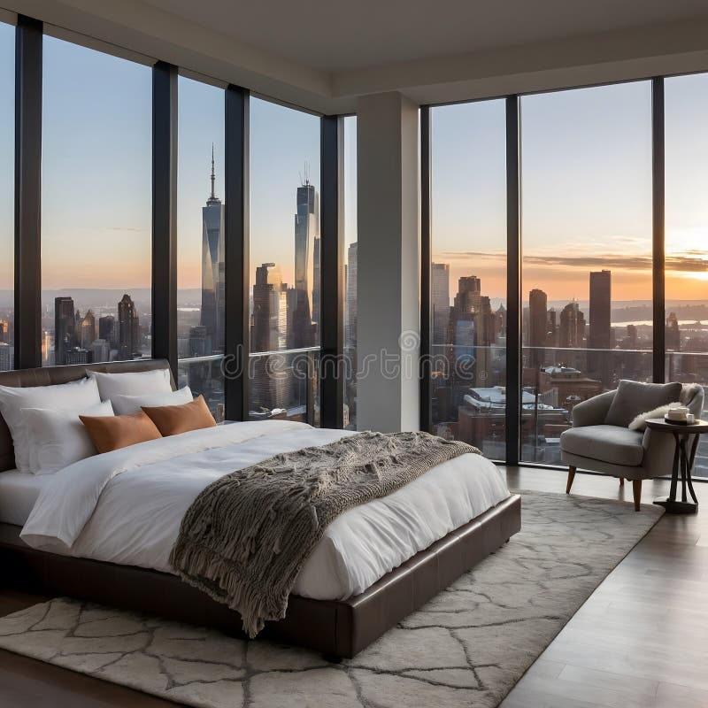 Spacious Bedroom with a Stunning City Skyline View, Comfortable Bed, and Sleek Modern Decor stock illustration