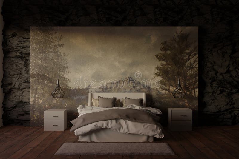 Spacious bedroom with wall painting and cozy box-spring bed vector illustration