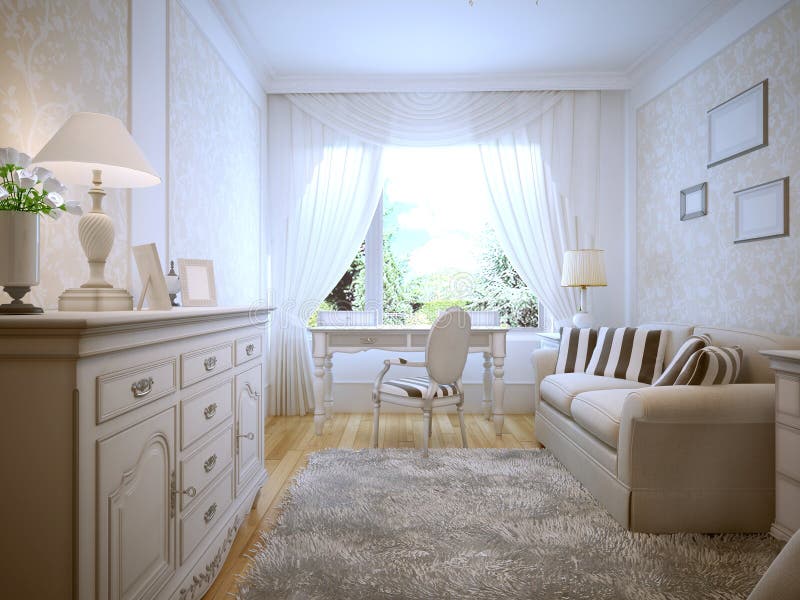 Spacious bedroom with white walls stock illustration