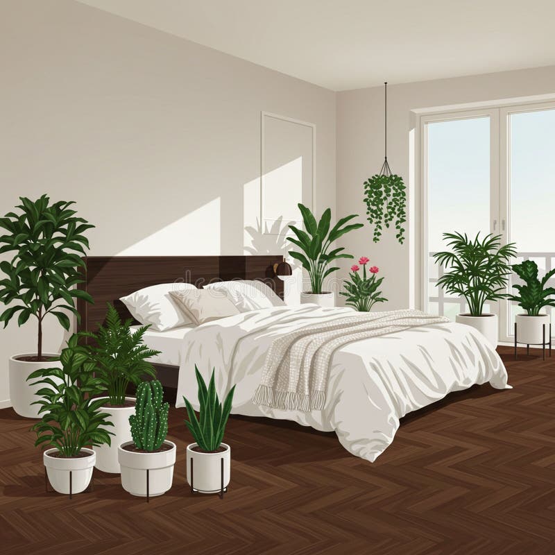A spacious bedroom with white walls and large windows letting in natural light. A be royalty free illustration
