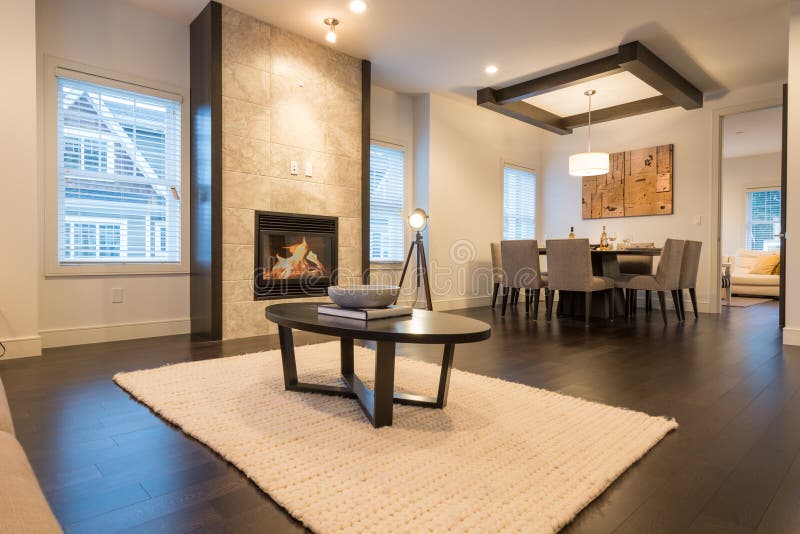 Spacious bright living and dining room stock images