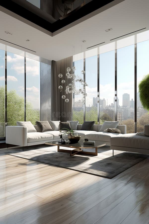 Spacious Bright Living Room with Panoramic Windows. AI Generated Stock ...