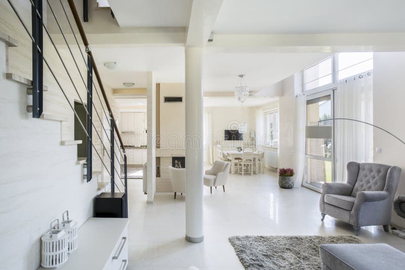 Spacious, bright living space stock photography