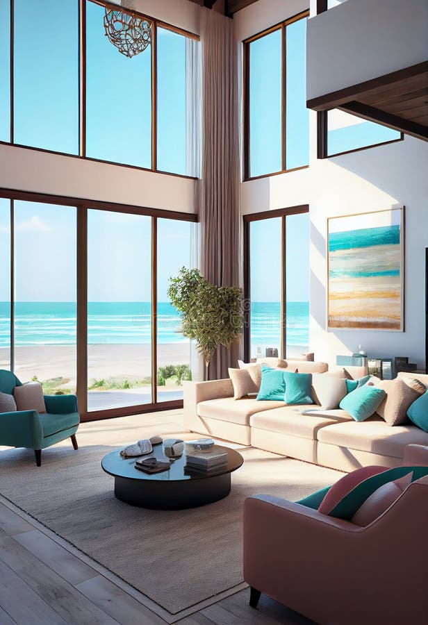 Spacious Bright Room in a Luxury Cottage on the Beach. AI Generated