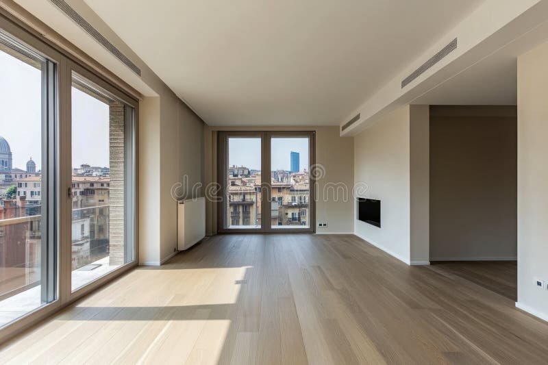Image showcasing Modern living room with large windows and city view.