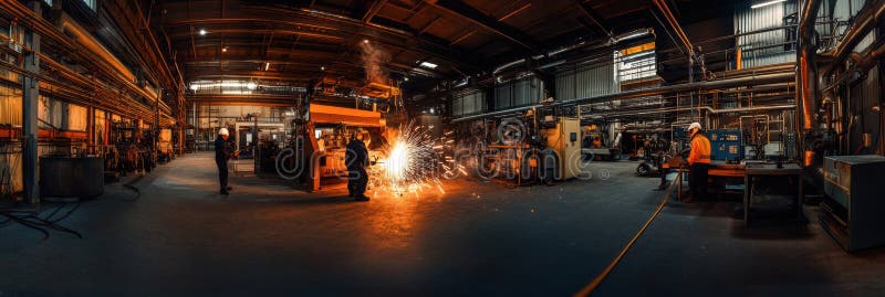 In a spacious industrial workshop, workers are actively engaged in welding, producing bright sparks that fill the air royalty free stock photo