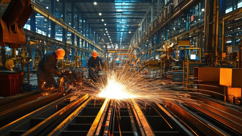 In a spacious industrial workshop, workers actively weld metal, creating bright sparks that illuminate the surroundings stock image