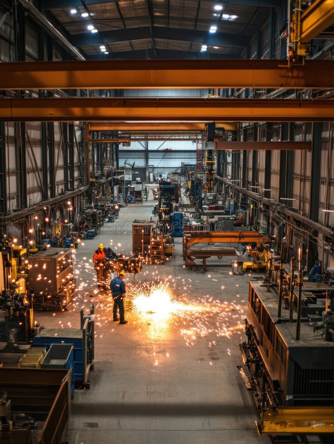 In a spacious industrial workshop, workers are actively welding metal parts, creating bright sparks in a collaborative stock photography