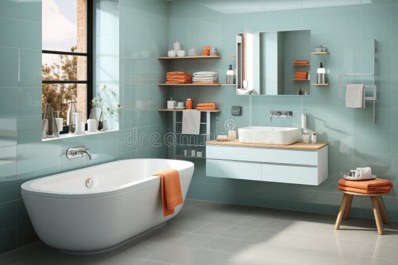 Spacious Light Blue Bathroom Design Stock Illustration Illustration