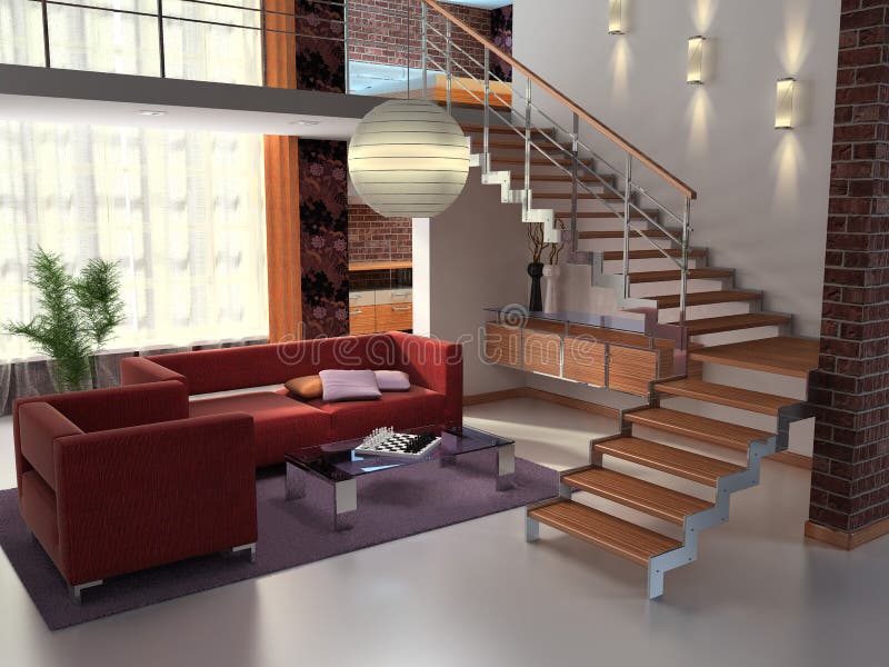 Spacious living room. 3d render interior